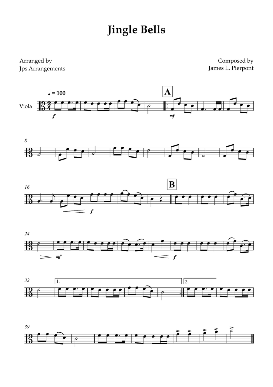 Jingle Bells for Viola Viola Solo scores gallery preview page 1