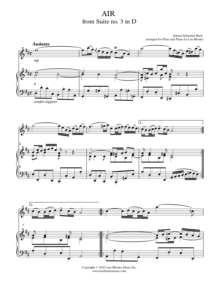 Bach - Air from Suite no. 3 in D, for flute and piano Flute Solo scores gallery preview page 1