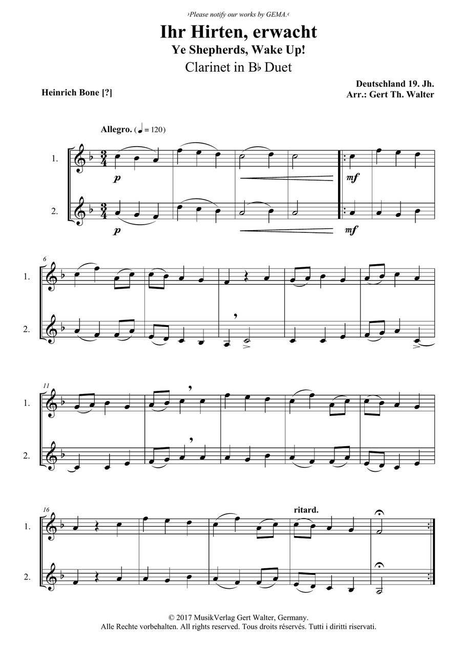 Ye Shepherds, Wake Up! Ye Shepherds, Wake Up! Clarinet Duet scores gallery preview page 1