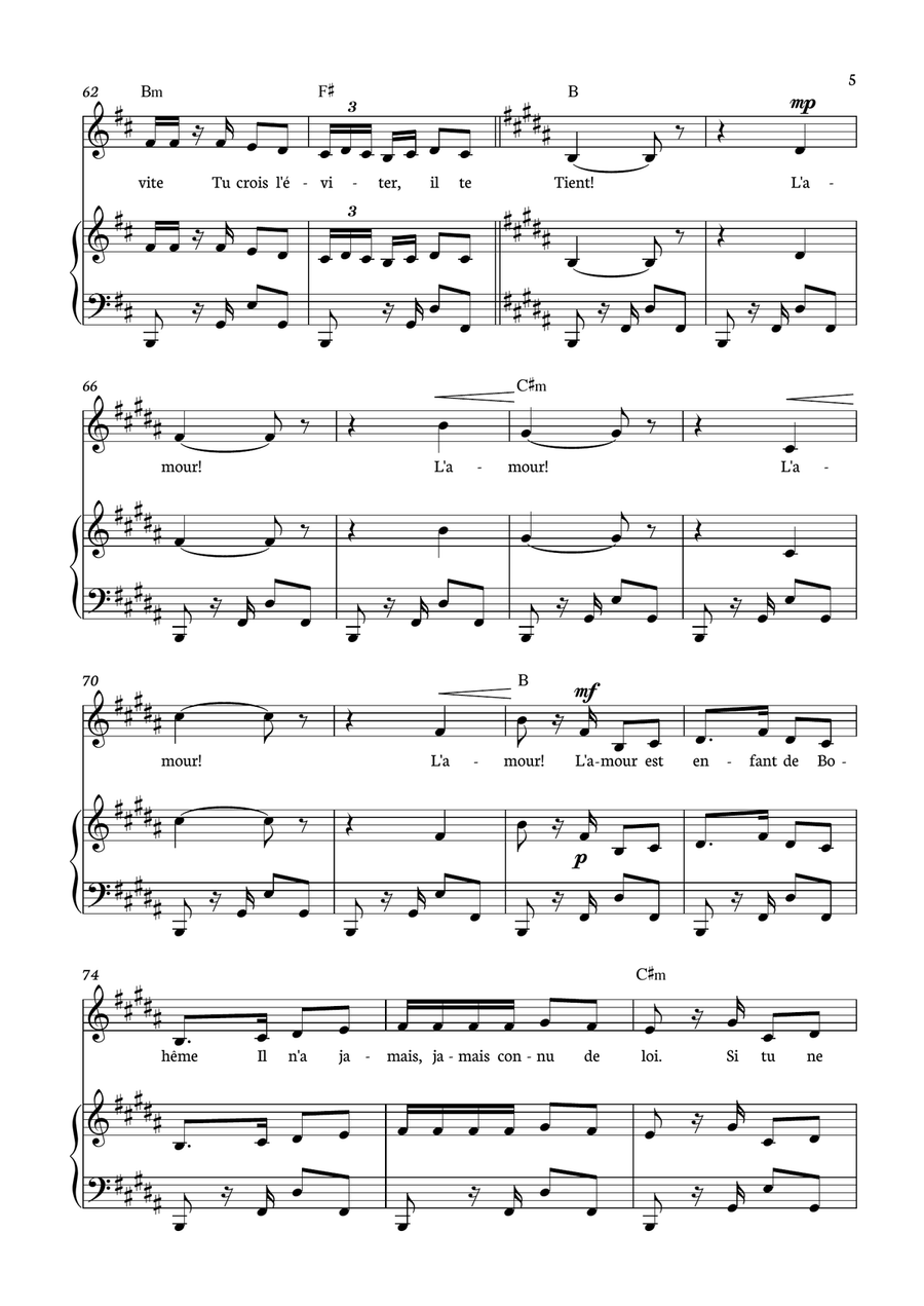 Habanera - Carmen for piano, chords and voice in B minor. Piano, Vocal scores gallery preview page 5