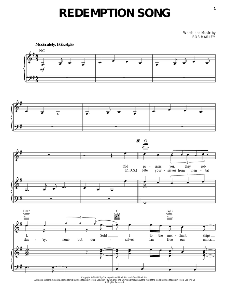 Redemption Song Piano, Vocal, Guitar scores gallery preview page 1