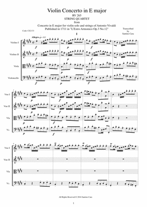 Book cover for Vivaldi - Violin Concerto in E major RV 265 Op.3 No.12 for String Quartet