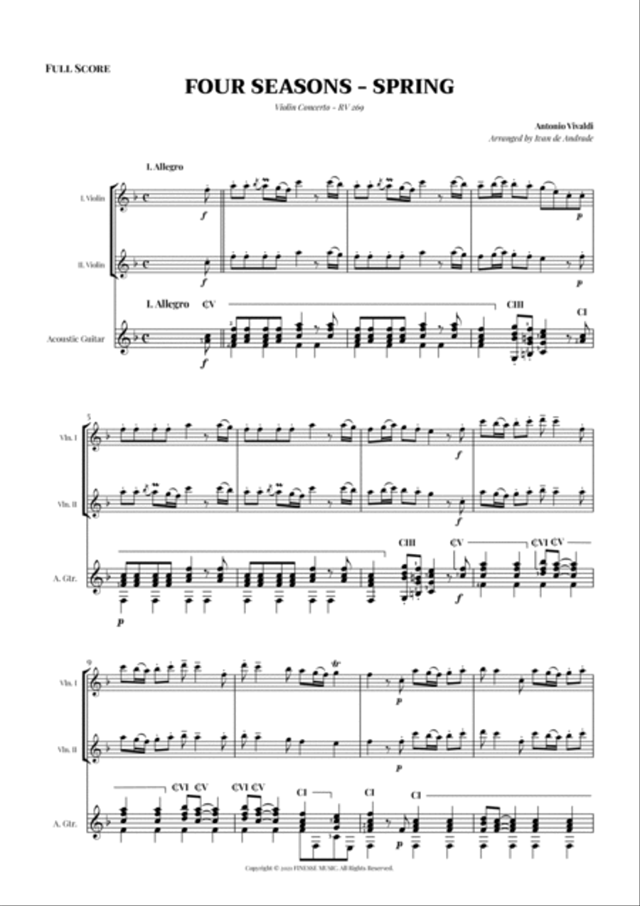 TRIO - Four Seasons Spring (Allegro) for 2 VIOLINS and ACOUSTIC GUITAR - F Major Small Ensemble scores gallery preview page 3
