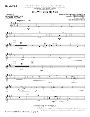 Book cover for It Is Well with My Soul (arr. Heather Sorenson and Jesse Becker) - F Horn 1 & 2