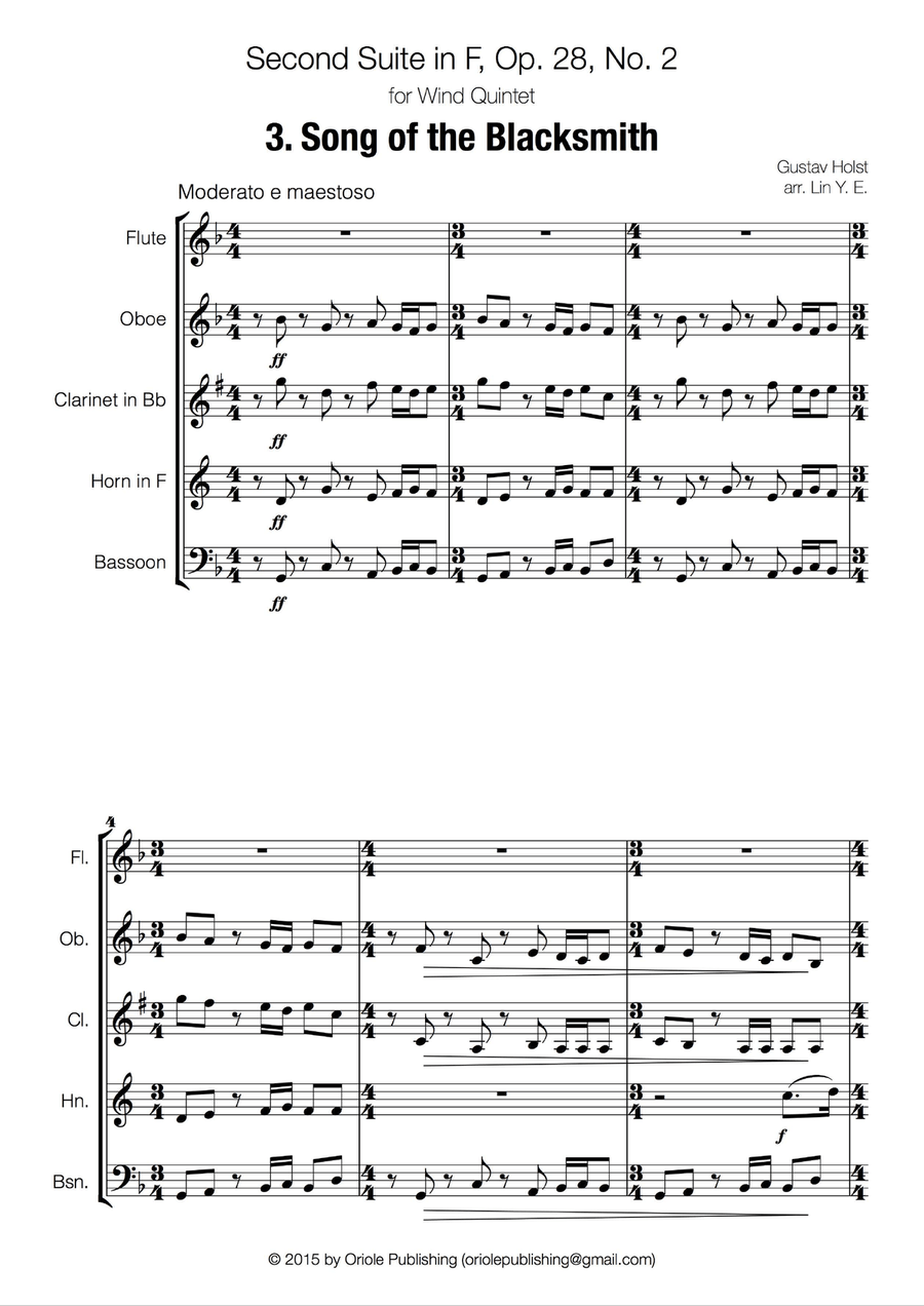 Holst - Second Suite in F for Military Band 3. Song of the Blacksmith (arr. for Wind Quintet) Marching Band scores gallery preview page 2
