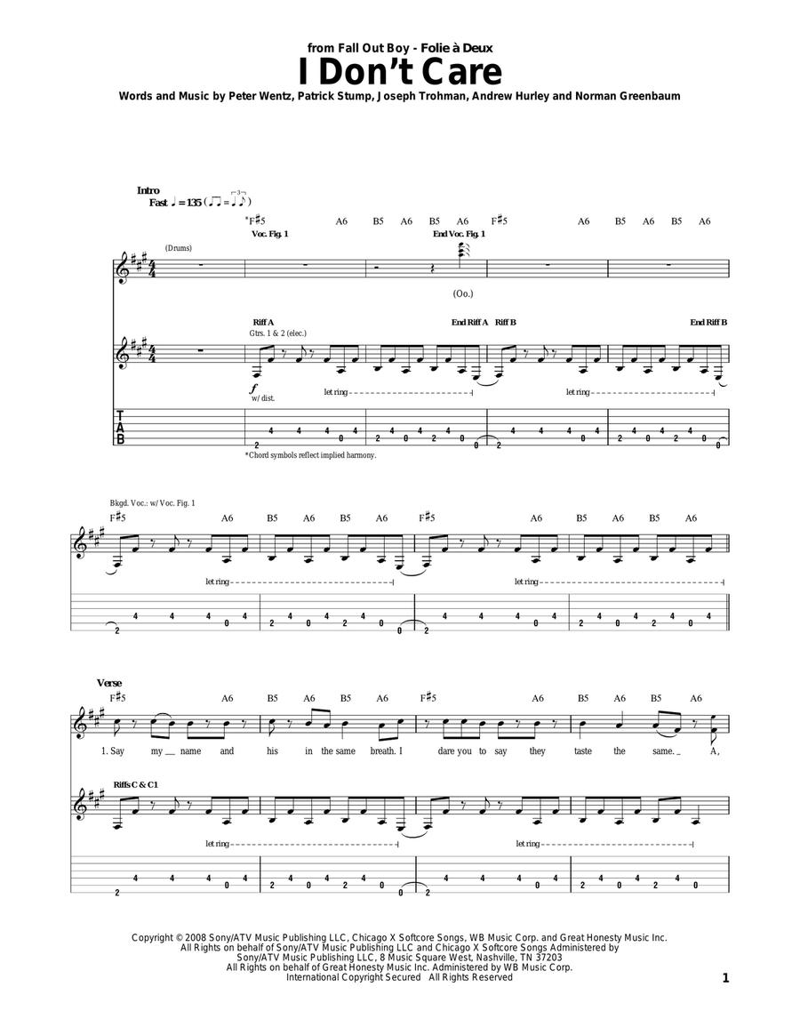I Don't Care I Don't Care Acoustic Guitar scores gallery preview page 1