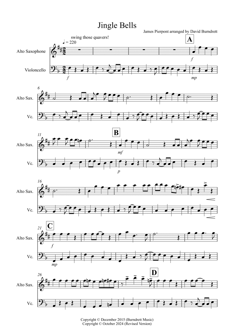 Jingle Bells (Jazzy Style!) for Alto Saxophone and Cello Duet Alto Saxophone scores gallery preview page 1