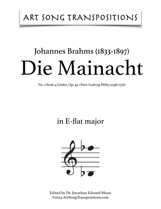 Book cover for BRAHMS: Die Mainacht, Op. 43 no. 2 (transposed to E-flat major)