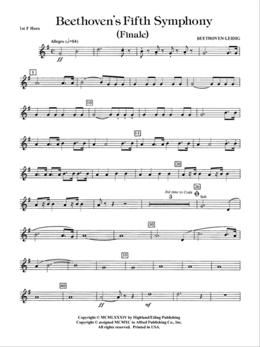 Beethoven's 5th Symphony, Finale: 1st F Horn Full Orchestra scores gallery preview page 1