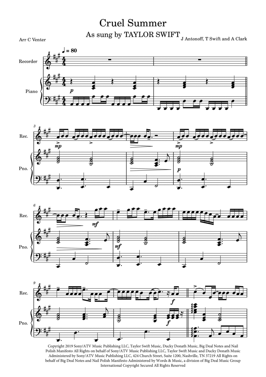 Cruel Summer Recorder scores gallery preview page 1