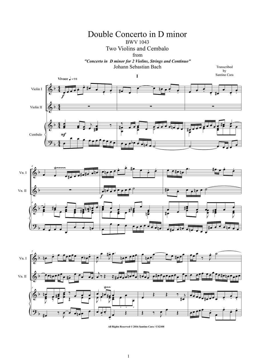 Bach - Double Concerto in D minor BWV1043 for Two Violins and Cembalo or Piano Violin scores gallery preview page 1