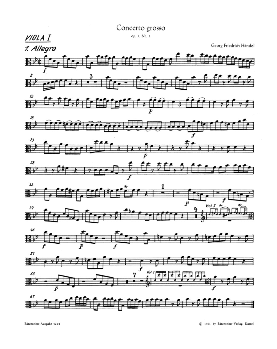 Concerto grosso B flat major, Op. 3/1 HWV 312 by George Frideric Handel Viola - Sheet Music
