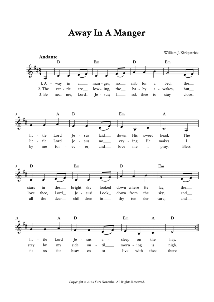 Away In A Manger - Lead Sheet (D Major) Easy Piano scores gallery preview page 1