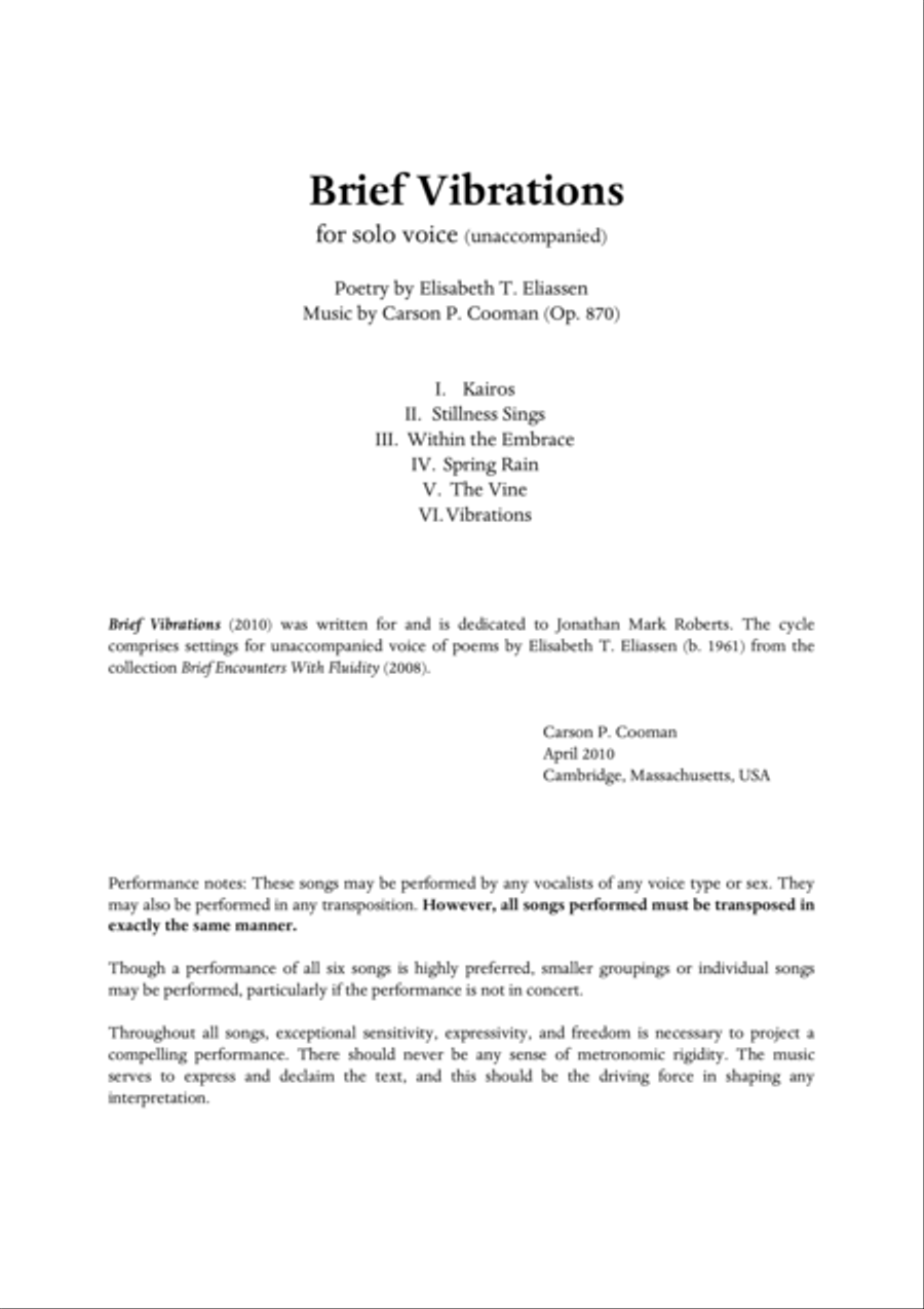 Carson Cooman - Brief Vibrations (2010), song cycle for solo voice Voice Solo scores gallery preview page 1