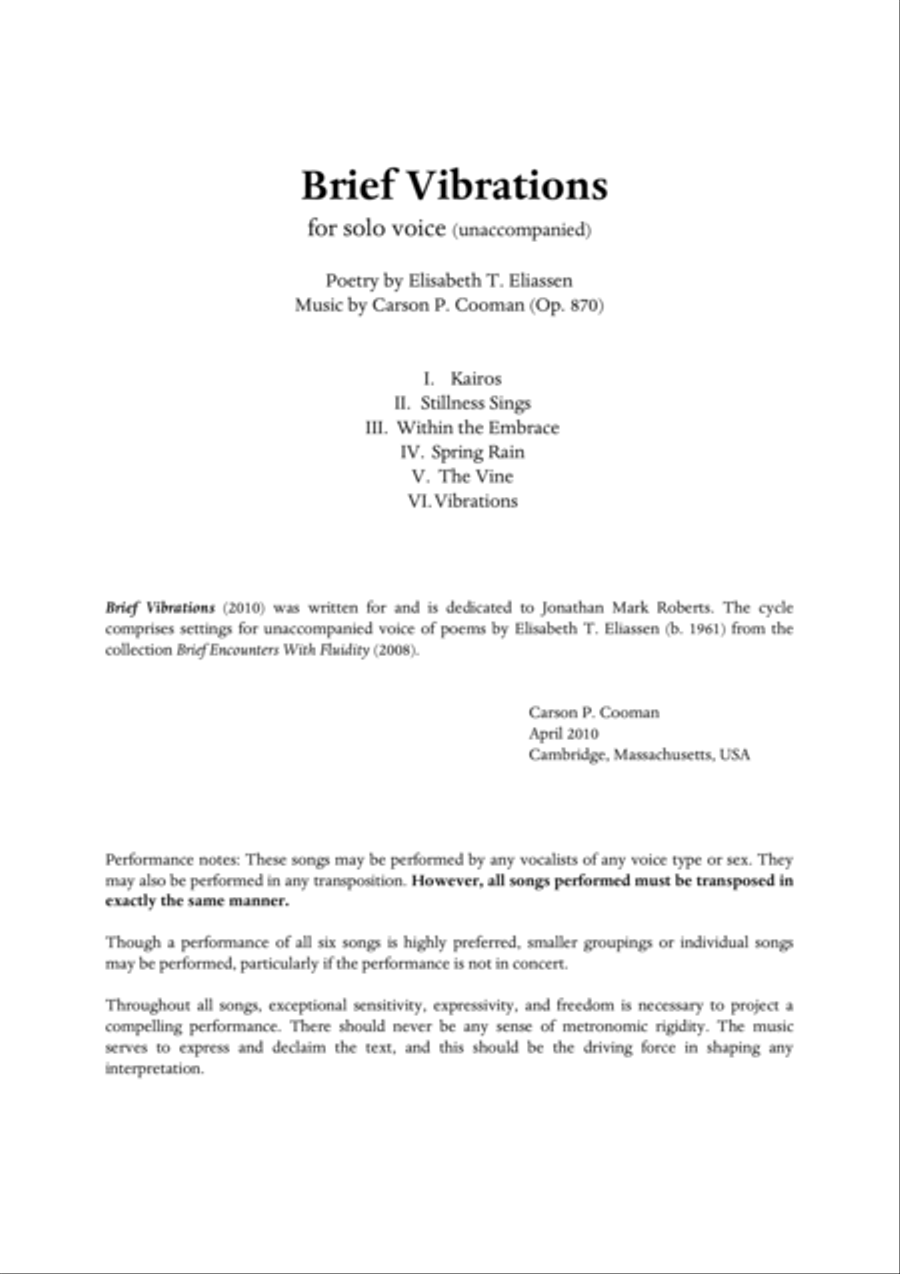 Carson Cooman - Brief Vibrations (2010), song cycle for solo voice