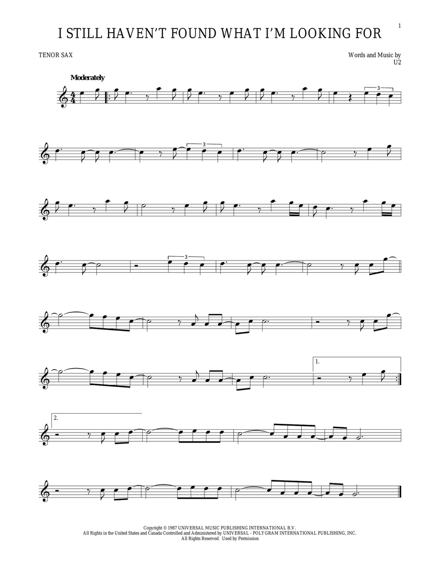I Still Haven't Found What I'm Looking For Tenor Saxophone scores gallery preview page 1