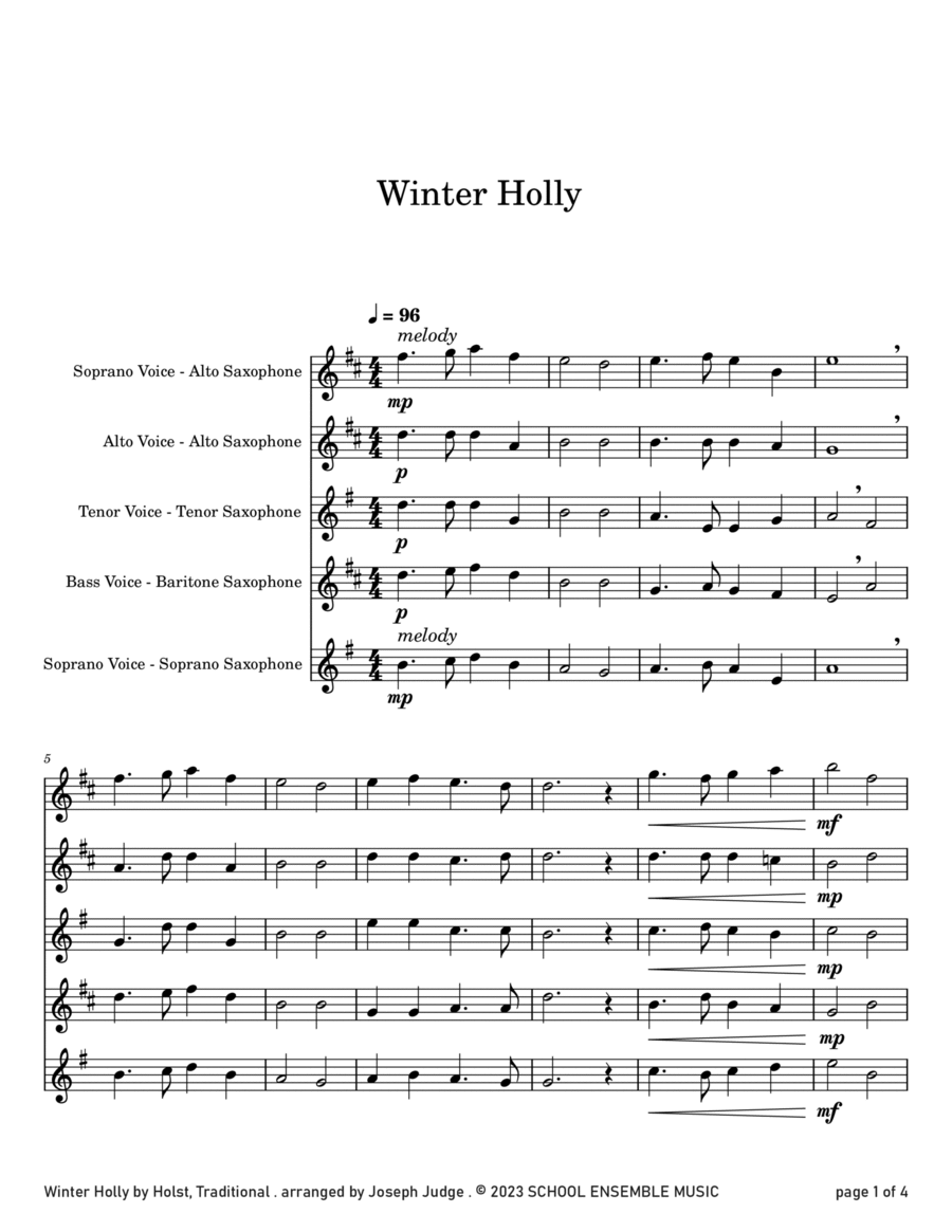 Winter Holly for Saxophone Quartet in Schools Saxophone Quartet scores gallery preview page 1