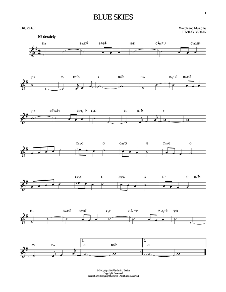 Blue Skies Trumpet Solo scores gallery preview page 1