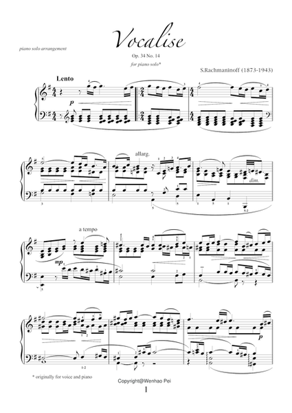 Vocalise Op.34 No.14 by Serjeij Rachmaninoff, transcription for piano solo