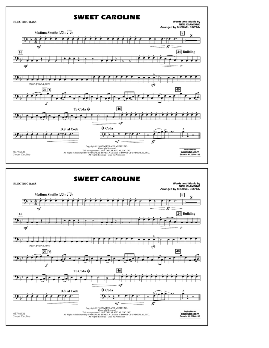 Sweet Caroline - Electric Bass Marching Band scores gallery preview page 1