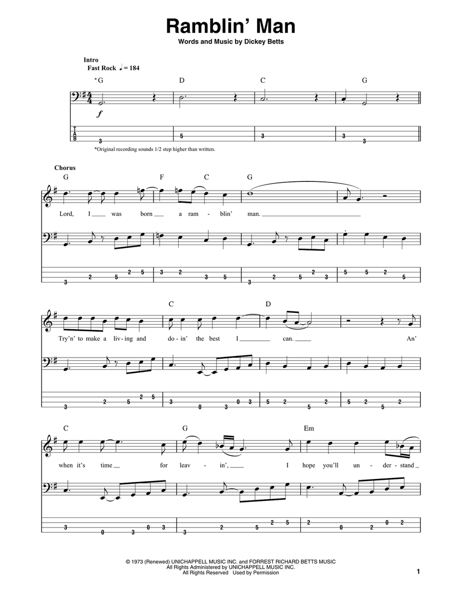 Ramblin' Man Bass Guitar Tablature scores gallery preview page 1