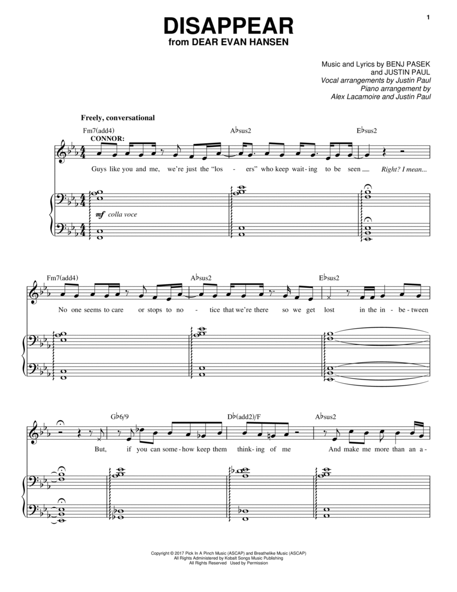 Disappear (from Dear Evan Hansen) Piano, Vocal scores gallery preview page 1