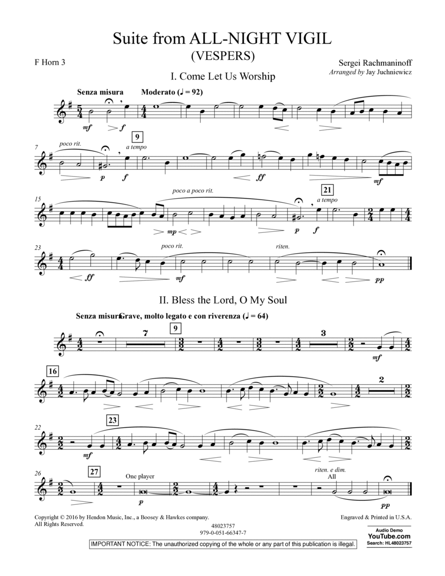 Suite from All-Night Vigil (Vespers) - F Horn 3 Horn scores gallery preview page 1