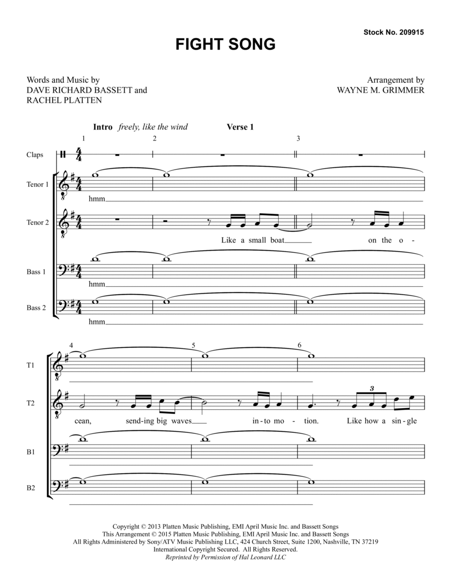 Fight Song (arr. Wayne Grimmer) TTBB scores gallery preview page 1
