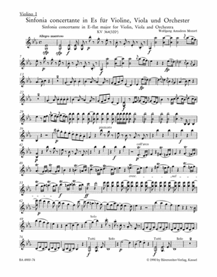 Sinfonia concertante for Violin, Viola and Orchestra E flat major, KV 364 (320d)