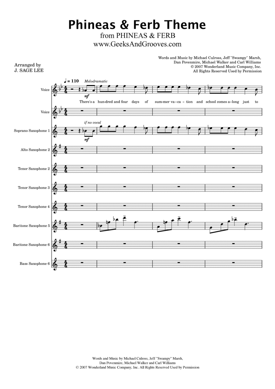 Phineas And Ferb Theme Woodwind Ensemble scores gallery preview page 1