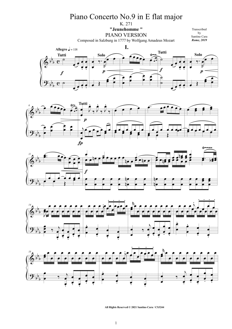 Mozart - Piano Concerto No.9 in E flat major - Jeunehomme - K 271 - Piano Version Piano Solo scores gallery preview page 1