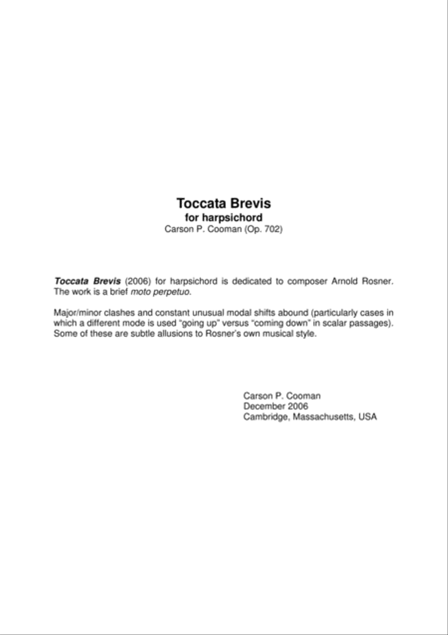 Carson Cooman: Toccata Brevis (2006) for harpsichord Harpsichord scores gallery preview page 1