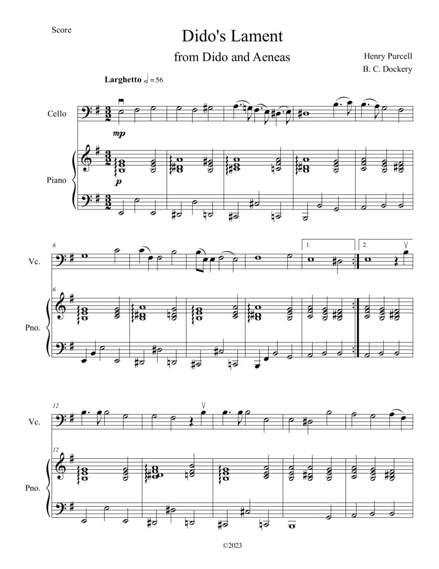 Dido's Lament (Cello Solo with Piano Accompaniment) Dido's Lament (Cello Solo with Piano Accompaniment) Piano scores gallery preview page 1