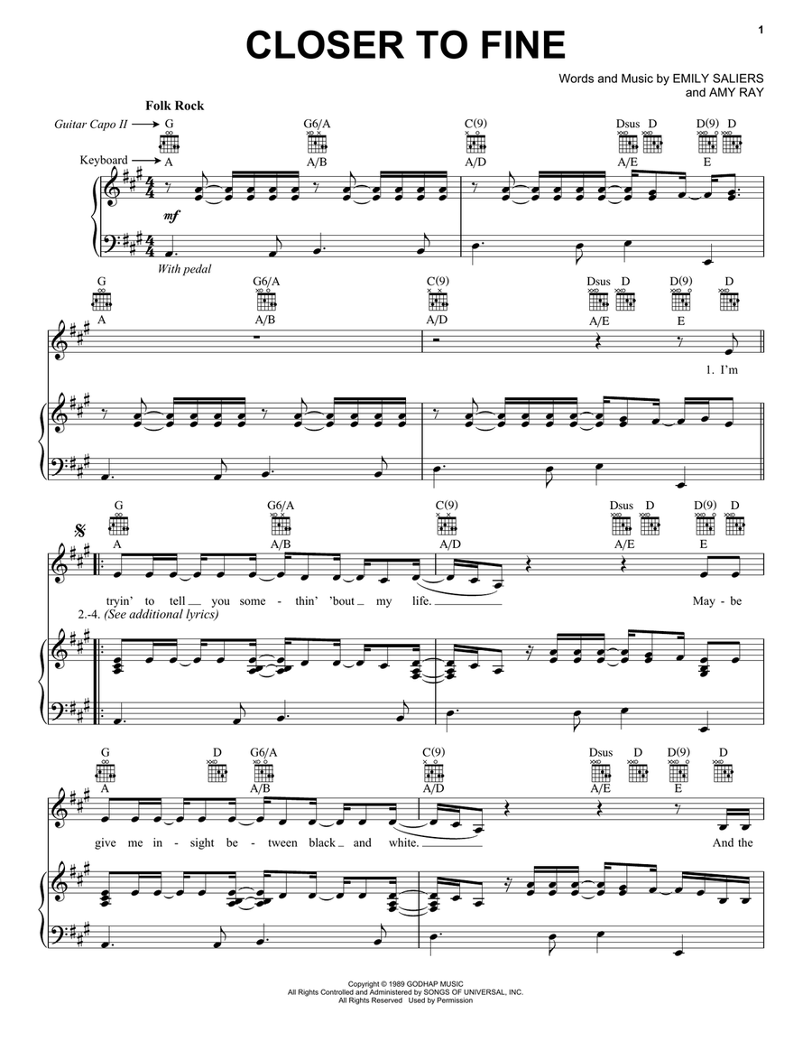 Closer To Fine Piano, Vocal, Guitar scores gallery preview page 1