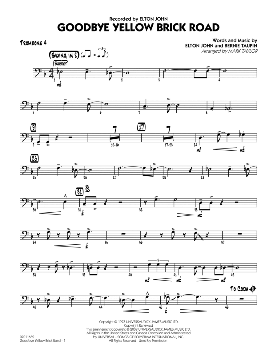 Goodbye Yellow Brick Road - Trombone 4 Trombone scores gallery preview page 1
