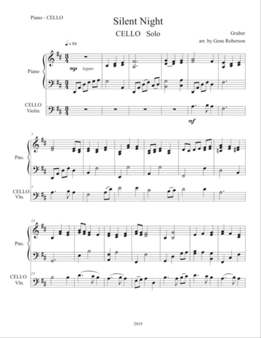 Silent Night Cello Solo in D Major with Piano String Duet scores gallery preview page 2