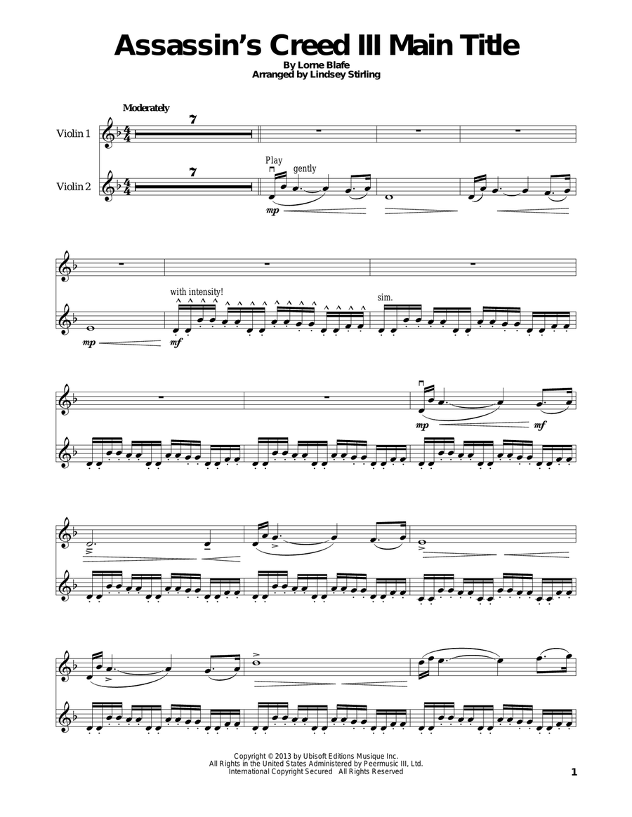 Assassin's Creed III Main Title Violin Solo scores gallery preview page 1