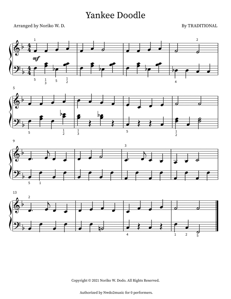 Yankee Doodle - F major Easy Piano scores gallery preview page 1