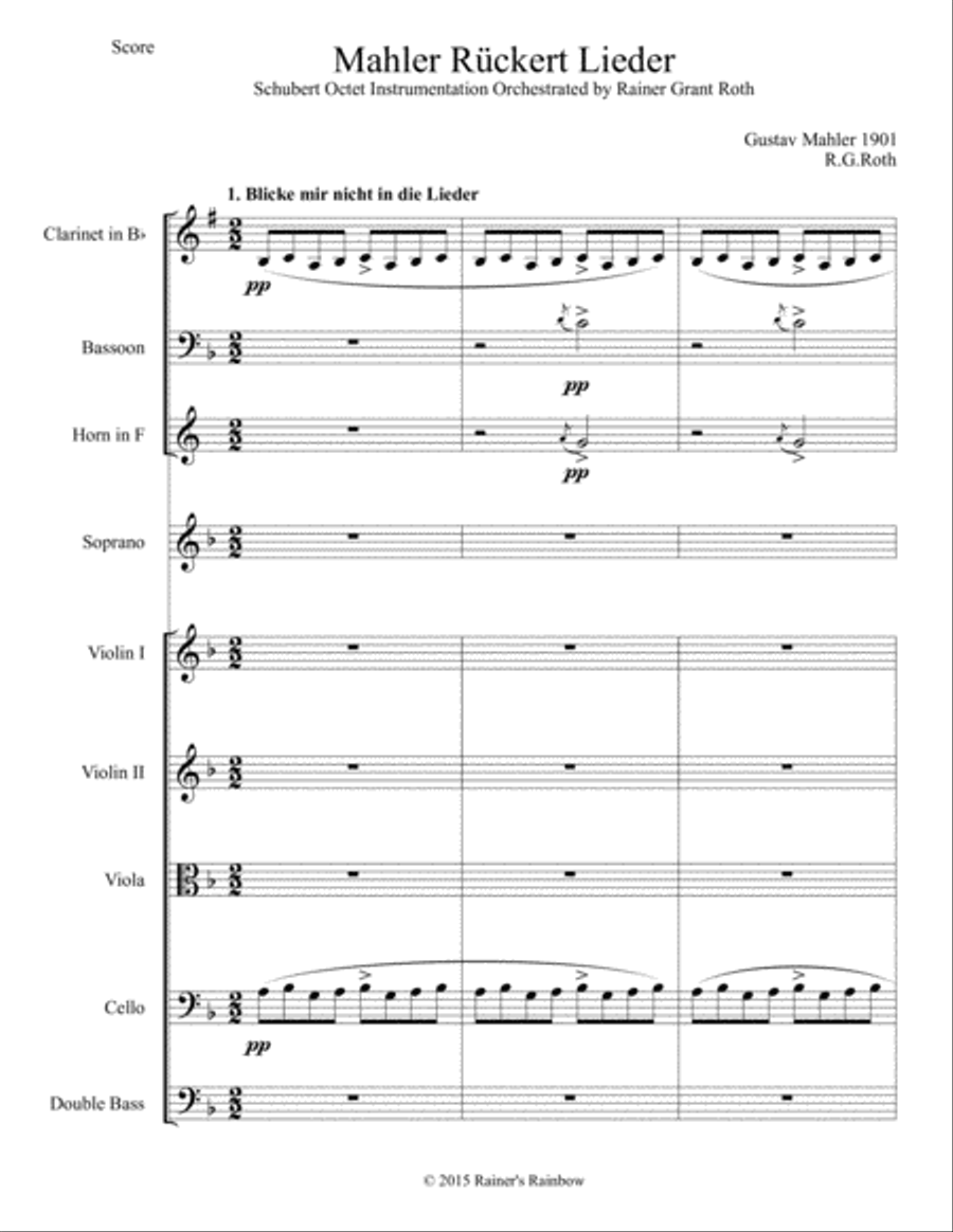 Mahler 1901 Rueckert Lieder arranged for Schubert Wind Octet & Voice Including parts and score Small Ensemble scores gallery preview page 1
