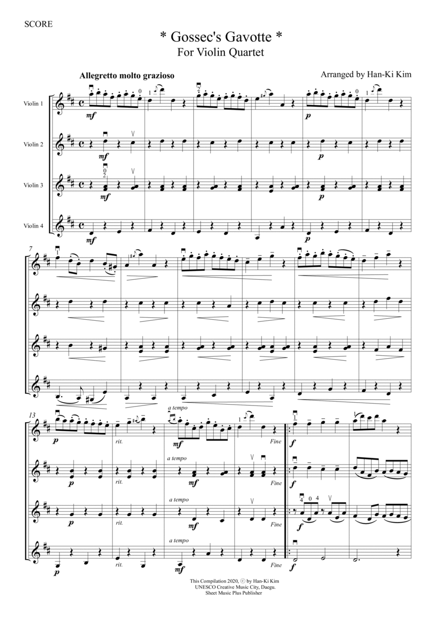 Gossec Gavotte (For Violin Quartet) String Quartet scores gallery preview page 1