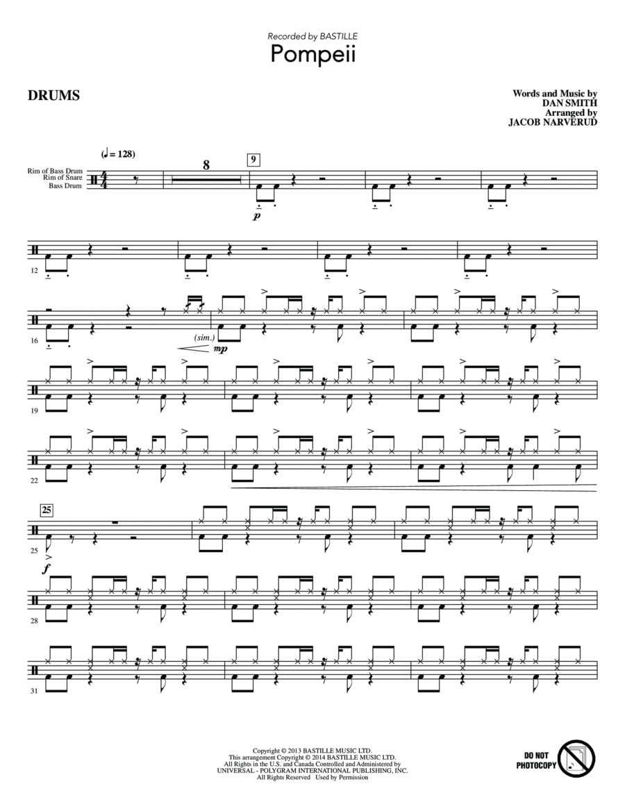 Pompeii (arr. Jacob Narverud) - Drums Choir scores gallery preview page 1