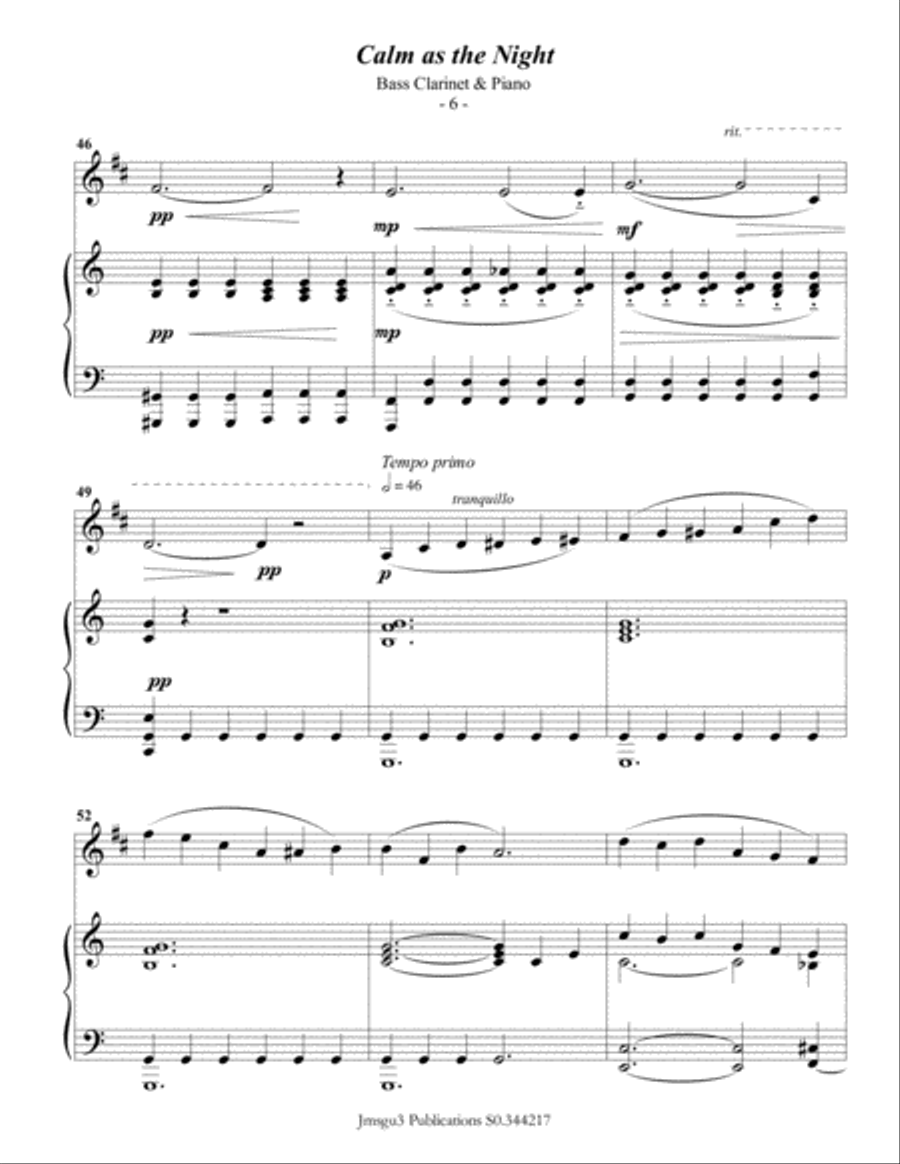 Bohm: Calm as the Night for Bass Clarinet & Piano Bass Clarinet scores gallery preview page 6