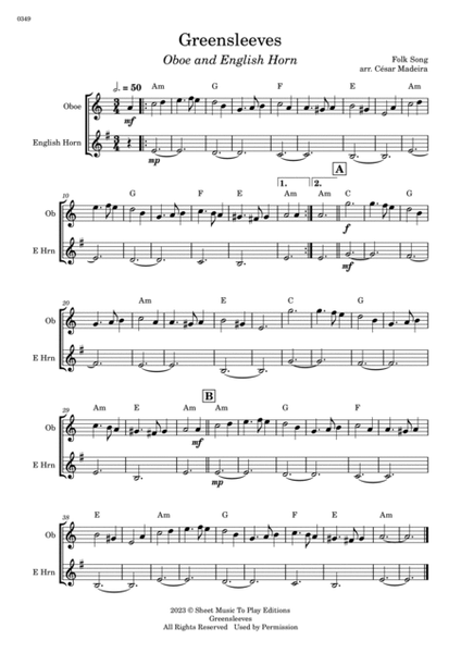 Greensleeves - Oboe and English Horn - W/Chords (Full Score and Parts) image number null
