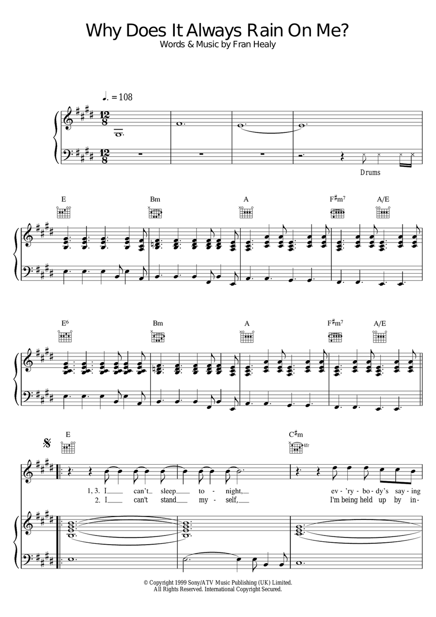 Why Does It Always Rain On Me? Piano, Vocal, Guitar scores gallery preview page 1