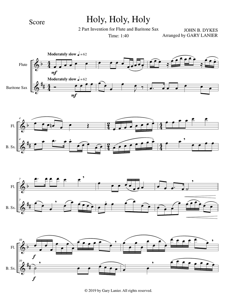 Holy, Holy, Holy (2 Part Invention for Flute and Baritone Sax) Woodwind Duet scores gallery preview page 2