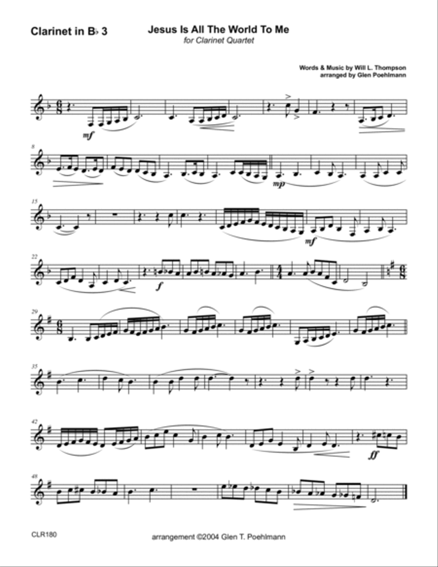 JESUS IS ALL THE WORLD TO ME - CLARINET QUARTET (unaccompanied) Clarinet Quartet scores gallery preview page 6