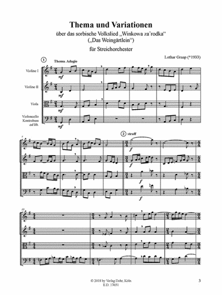 Thema und Variationen über das sorbische Volkslied "Winkowa za'rodka" für Streichorchester (Kontrabass ad lib.) (Das Weingärtlein)