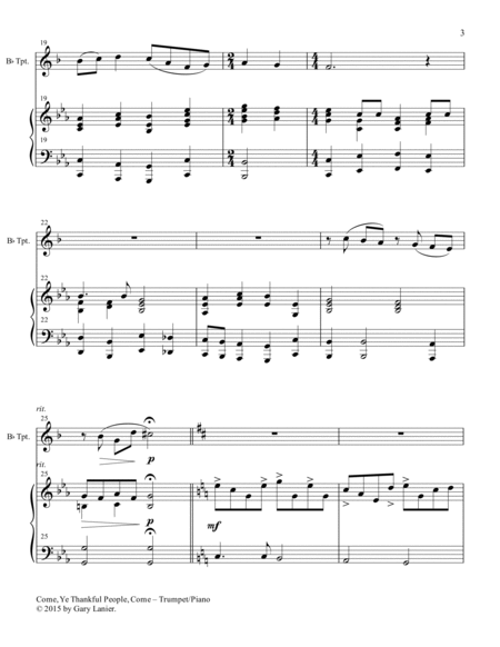COME, YE THANKFUL PEOPLE, COME (Duet – Bb Trumpet and Piano/Score and Parts) image number null