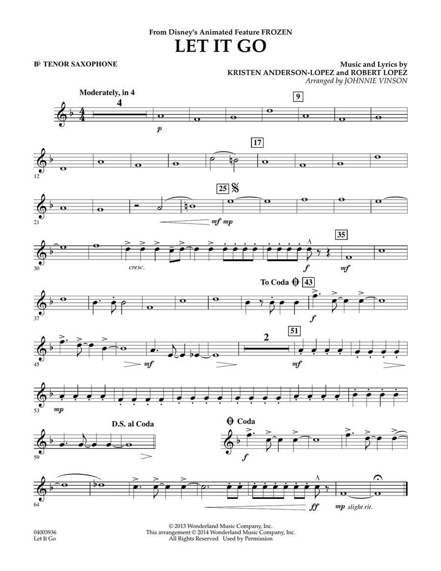 Let It Go - Bb Tenor Saxophone