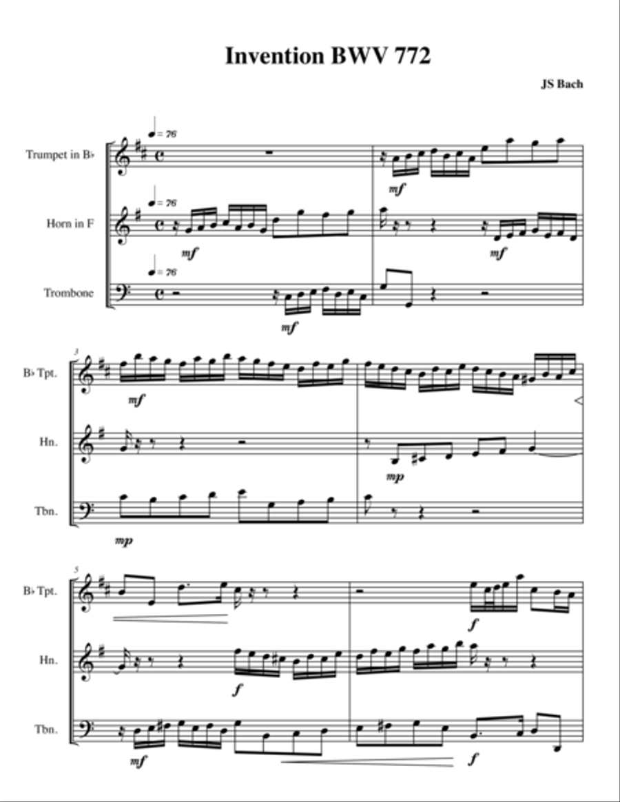 6 Bach Inventions for Brass Trio 6 Bach Inventions for Brass Trio Brass Trio scores gallery preview page 1